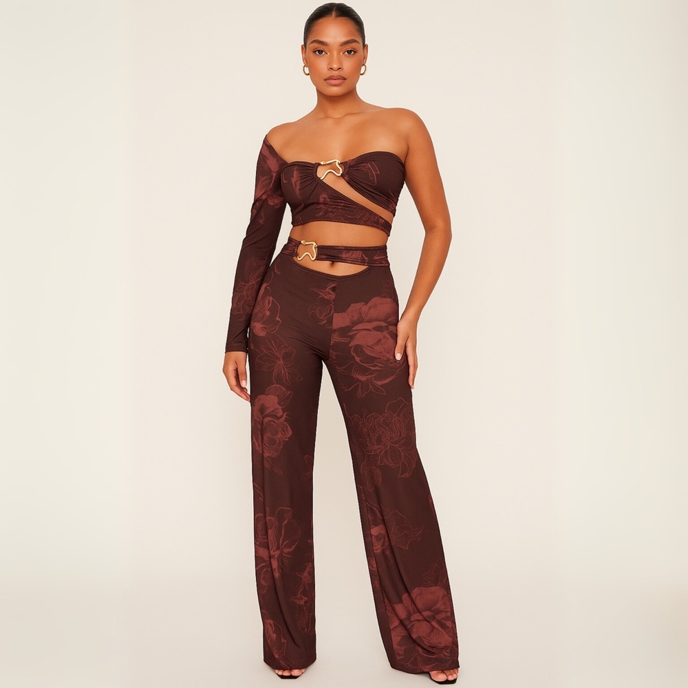 🎀 PLT Chocolate Floral Slinky One Sleeve Crop Top & Pants Set Size 6 - Picture 3 of 15